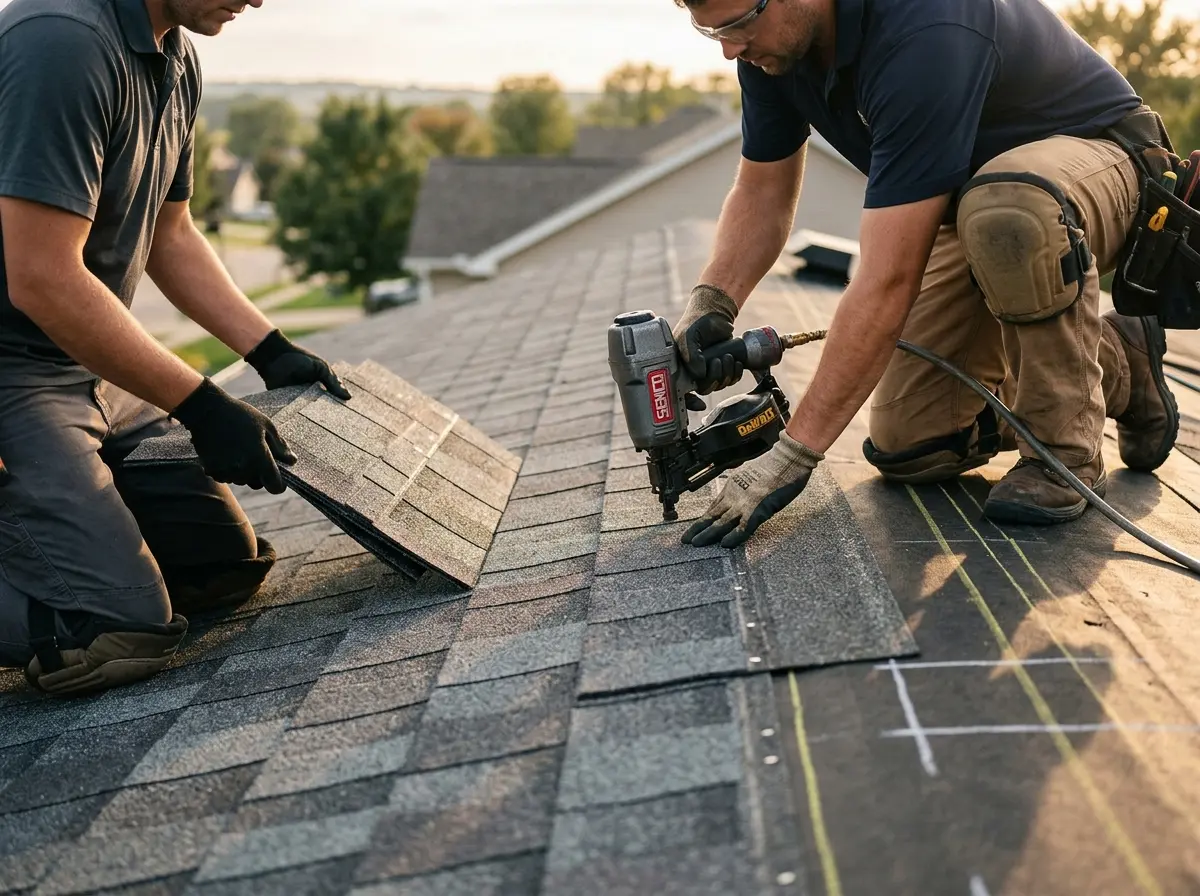 Professional roofer working on a residential roof in East Grand Forks